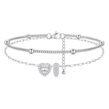 Layered Halo Heart CZ Bubble Initial I Charm Anklets