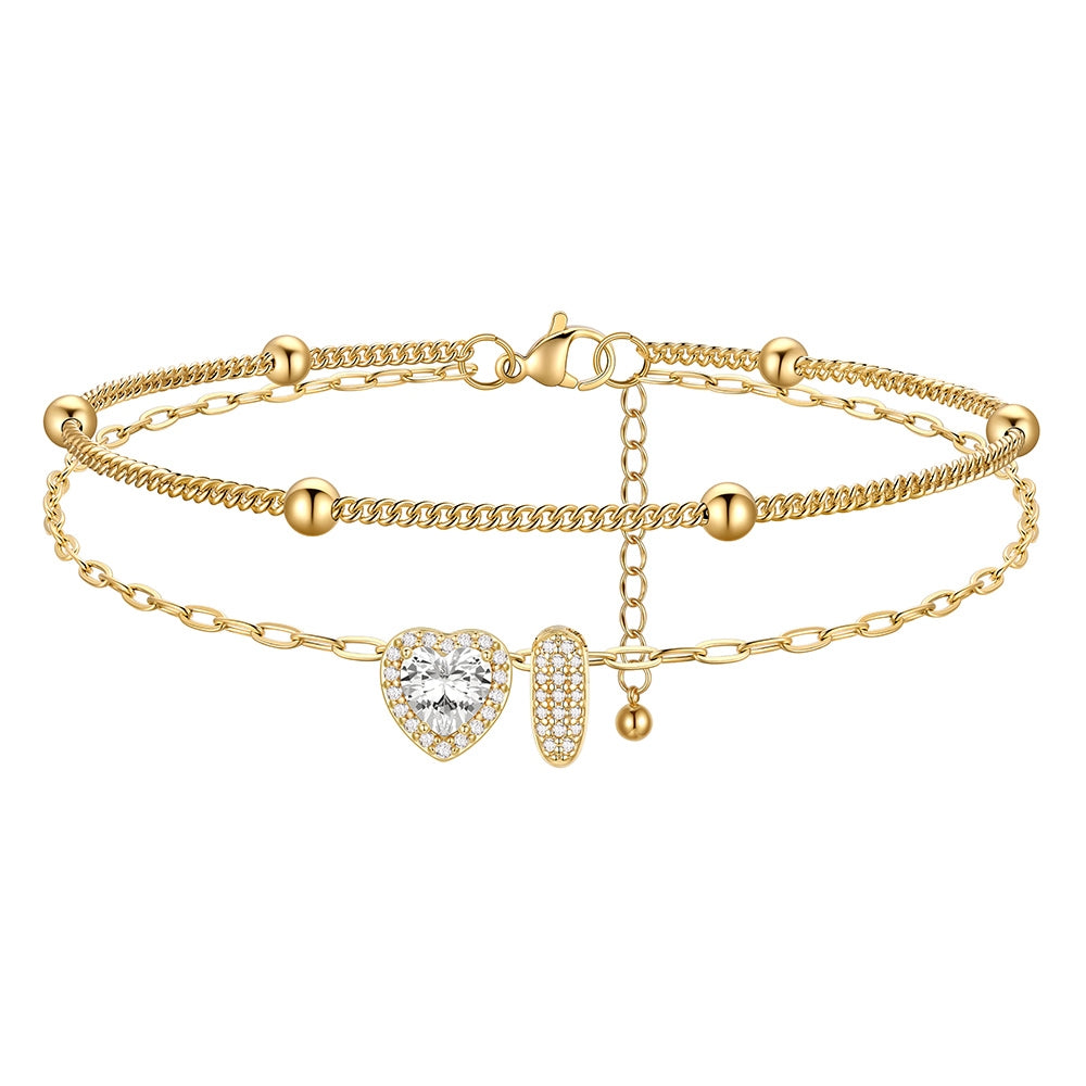 Layered Halo Heart CZ Bubble Initial I Charm Anklets Gold Plated 