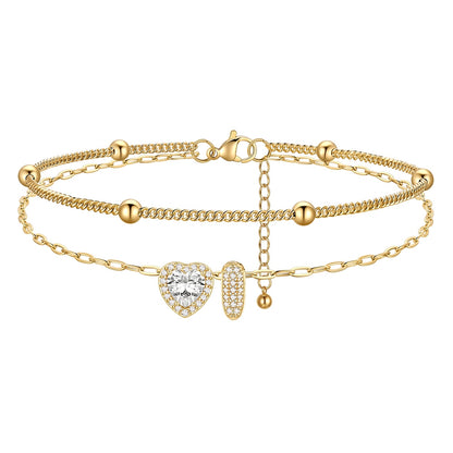 Layered Halo Heart CZ Bubble Initial I Charm Anklets Gold Plated 