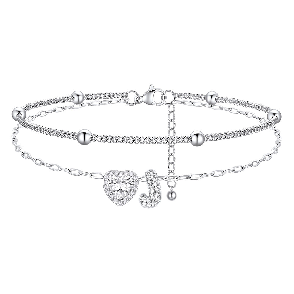 Layered Halo Heart CZ Bubble Initial J Charm Anklets