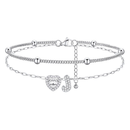 Layered Halo Heart CZ Bubble Initial J Charm Anklets