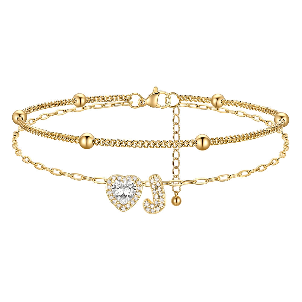 Layered Halo Heart CZ Bubble Initial J Charm Anklets Gold Plated 