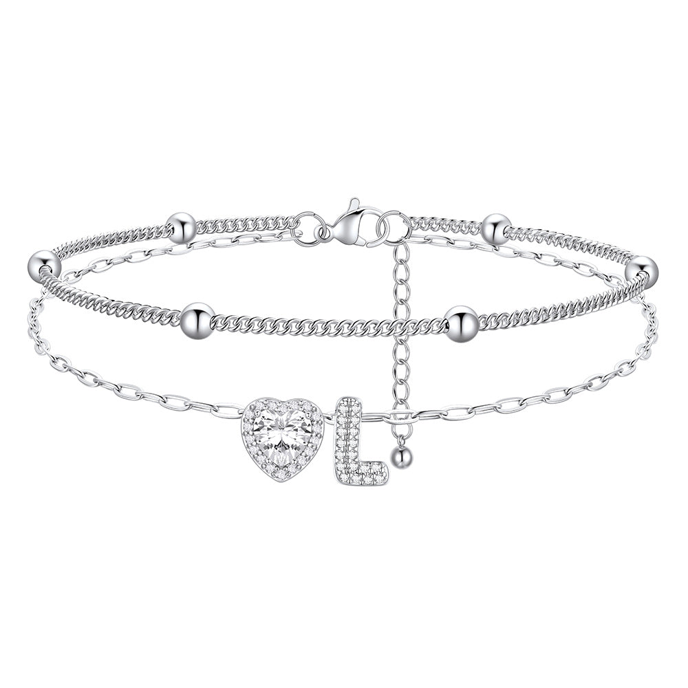 Layered Halo Heart CZ Bubble Initial L Charm Anklets