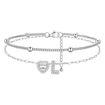 Layered Halo Heart CZ Bubble Initial L Charm Anklets