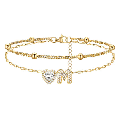 Layered Halo Heart CZ Bubble Initial M Charm Anklets Gold Plated 