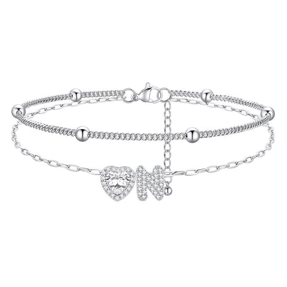Layered Halo Heart CZ Bubble Initial N Charm Anklets 
