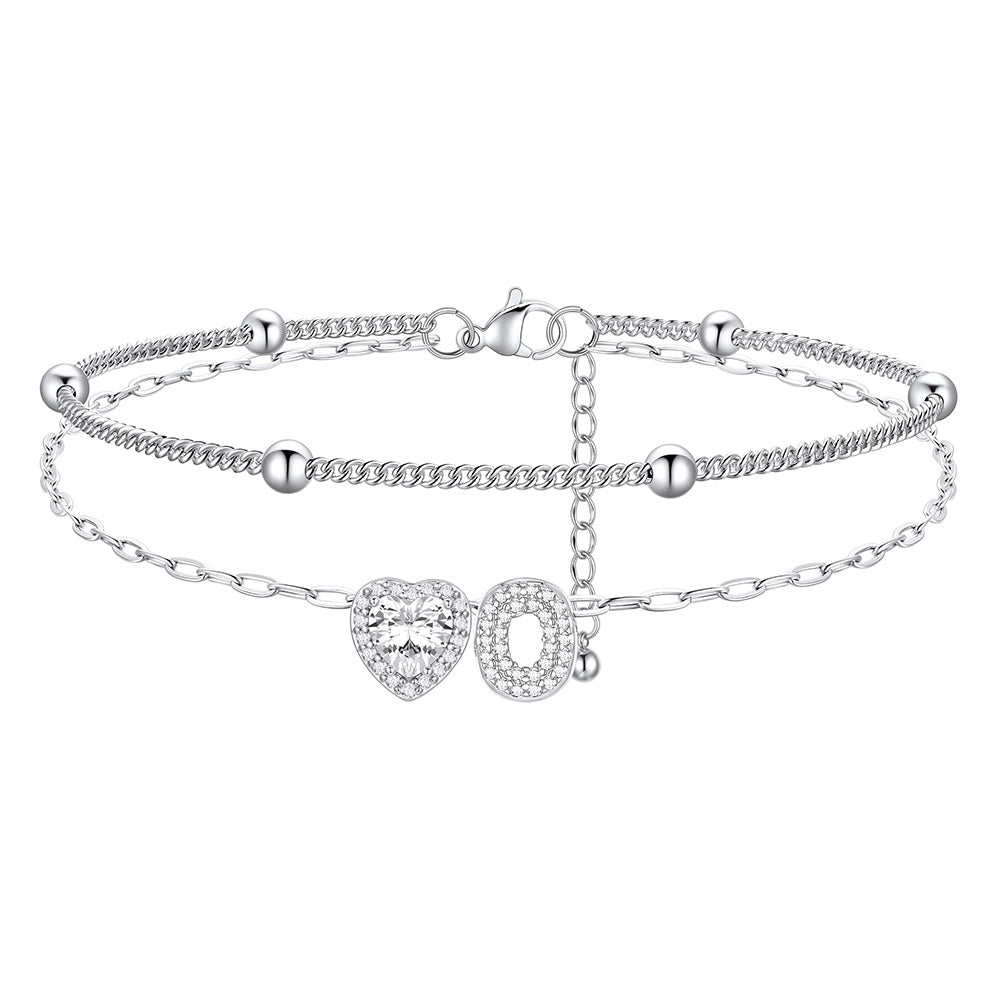 Layered Halo Heart CZ Bubble Initial O Charm Anklets 