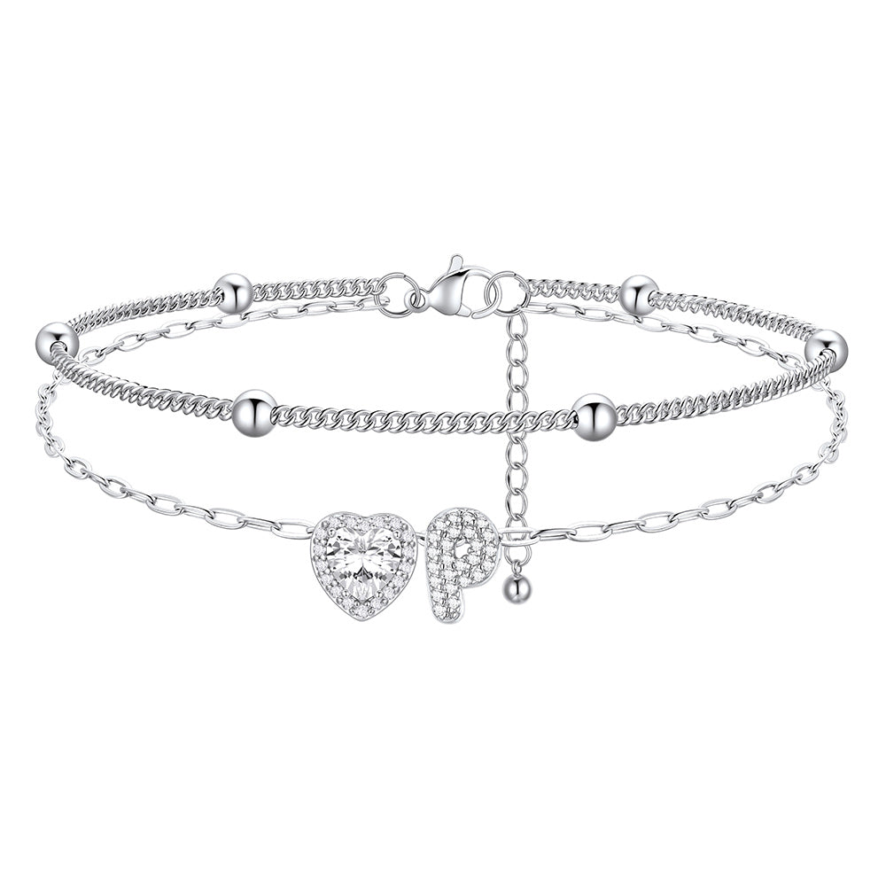 Layered Halo Heart CZ Bubble Initial P Charm Anklets 