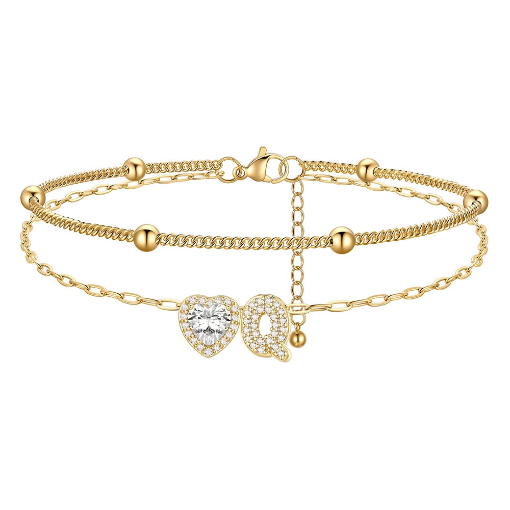 Layered Halo Heart CZ Bubble Initial Q Charm Anklets Gold Plated 