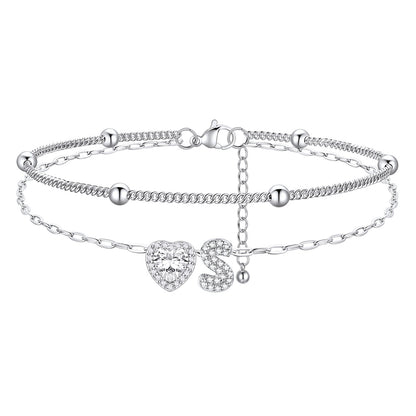 Layered Halo Heart CZ Bubble Initial S Charm Anklets 