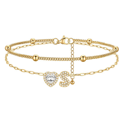 Layered Halo Heart CZ Bubble Initial S Charm Anklets Gold Plated 