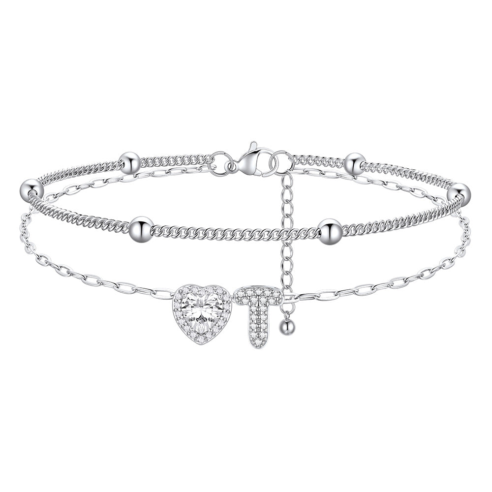 Layered Halo Heart CZ Bubble Initial T Charm Anklets 