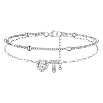 Layered Halo Heart CZ Bubble Initial T Charm Anklets 