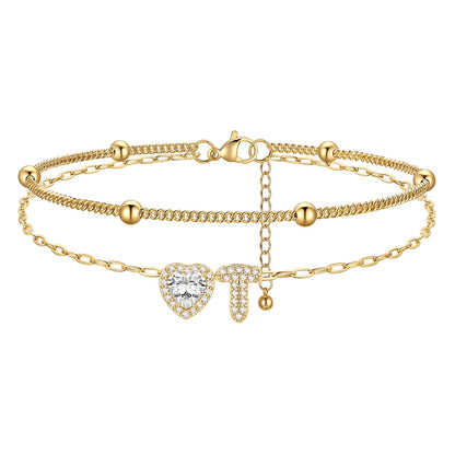 Layered Halo Heart CZ Bubble Initial T Charm Anklets Gold Plated 