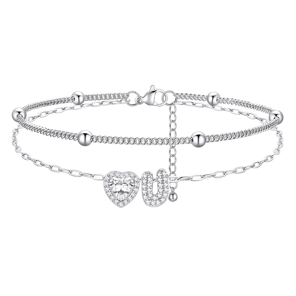 Layered Halo Heart CZ Bubble Initial U Charm Anklets 
