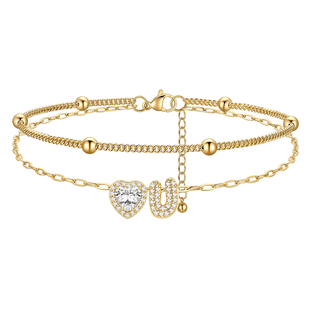 Layered Halo Heart CZ Bubble Initial U Charm Anklets Gold Plated 