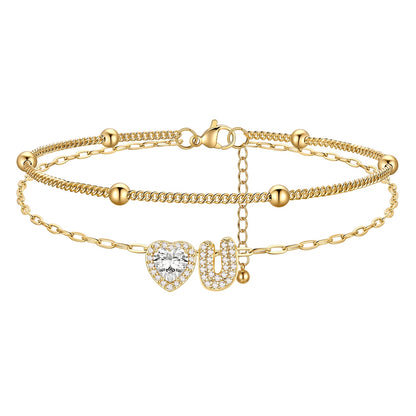 Layered Halo Heart CZ Bubble Initial U Charm Anklets Gold Plated 