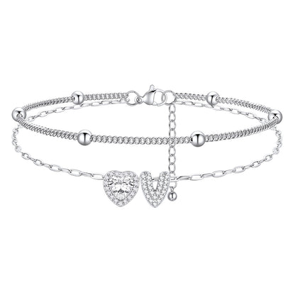 Layered Halo Heart CZ Bubble Initial V Charm Anklets 