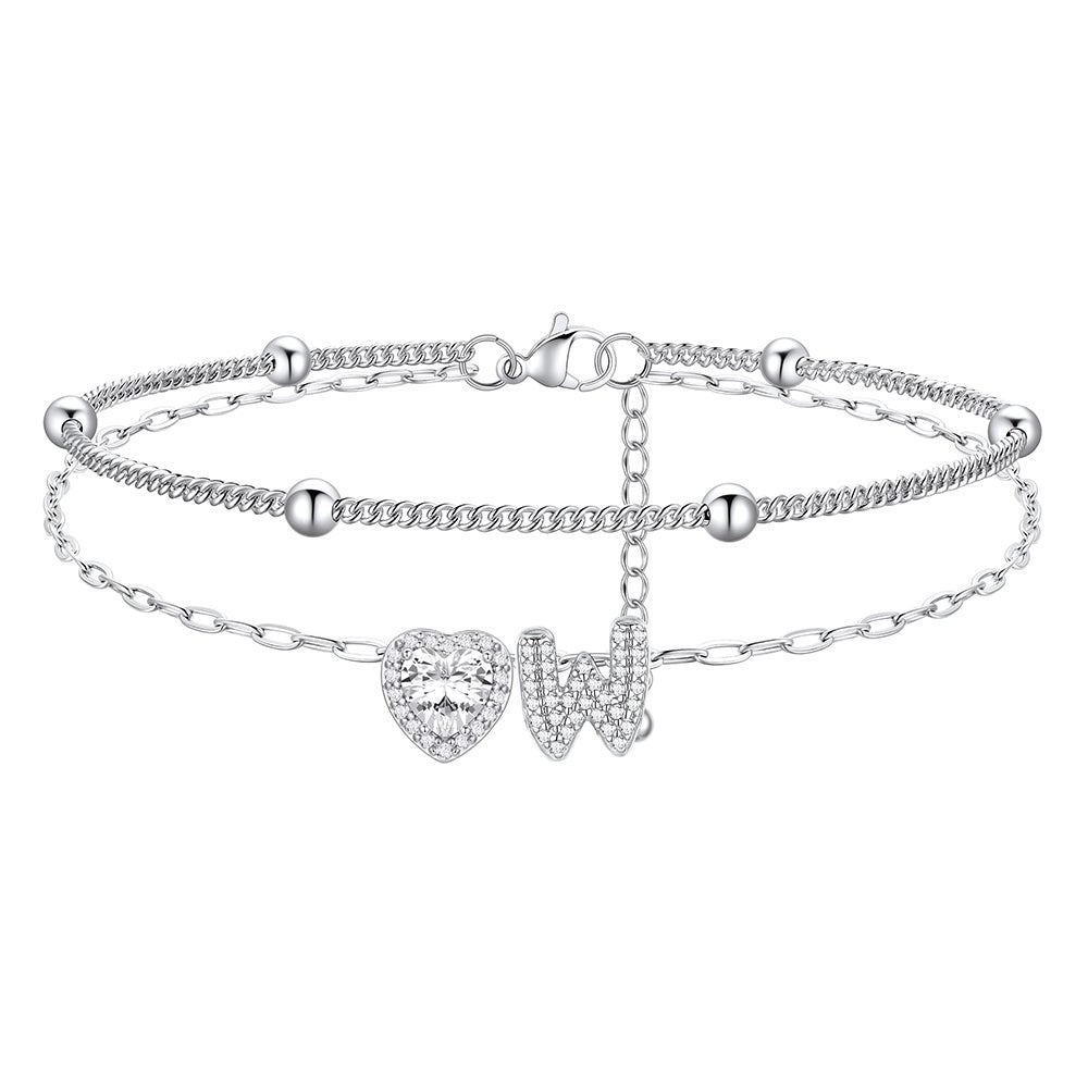 Layered Halo Heart CZ Bubble Initial W Charm Anklets 