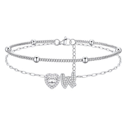 Layered Halo Heart CZ Bubble Initial W Charm Anklets 