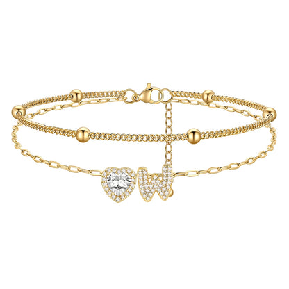 Layered Halo Heart CZ Bubble Initial W Charm Anklets Gold Plated 