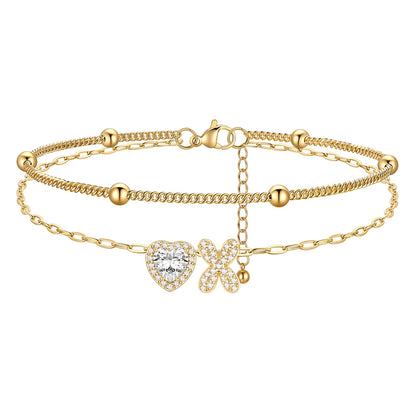 Layered Halo Heart CZ Bubble Initial X Charm Anklets Gold Plated 