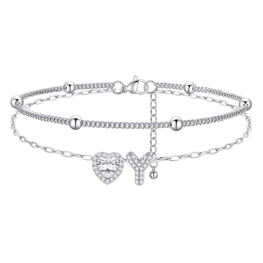 Layered Halo Heart CZ Bubble Initial Y Charm Anklets 
