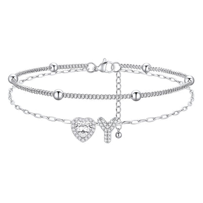 Layered Halo Heart CZ Bubble Initial Y Charm Anklets 