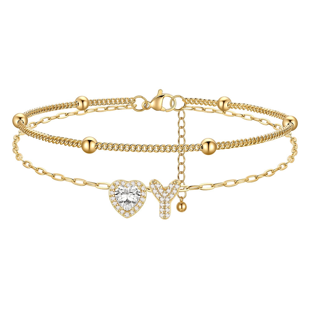 Layered Halo Heart CZ Bubble Initial Y Charm Anklets Gold Plated 