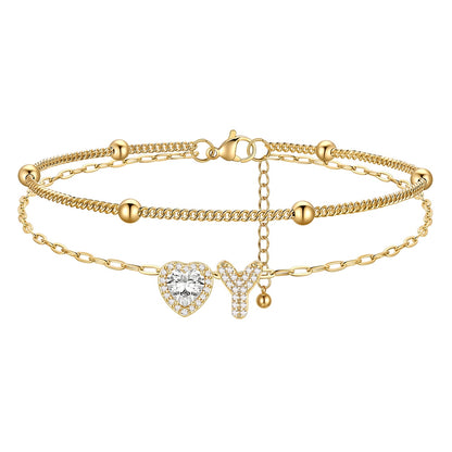 Layered Halo Heart CZ Bubble Initial Y Charm Anklets Gold Plated 