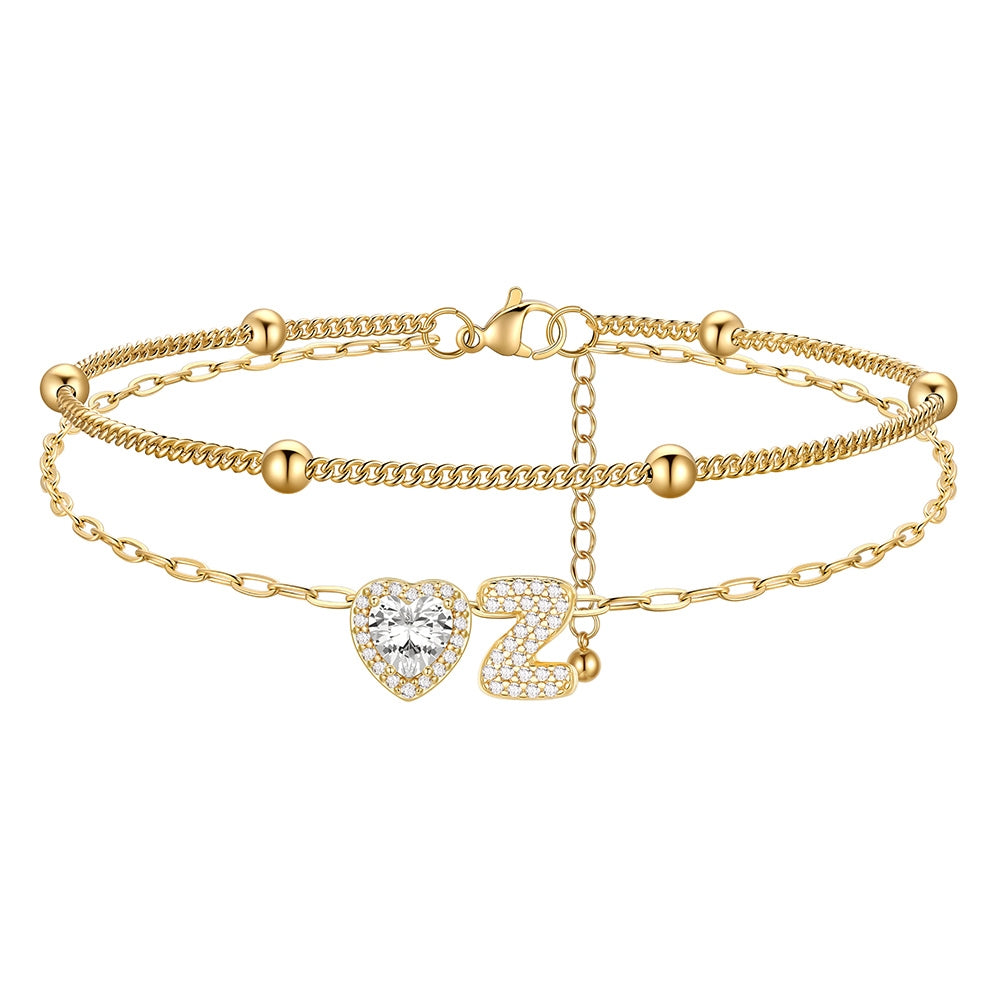 Layered Halo Heart CZ Bubble Initial Z Charm Anklets Gold Plated 