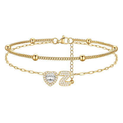 Layered Halo Heart CZ Bubble Initial Z Charm Anklets Gold Plated 