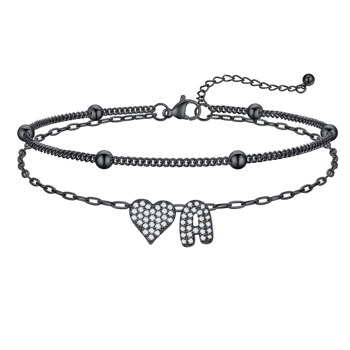 Layered Heart Bubble Initial A Anklet Black Plated