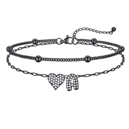 Layered Heart Bubble Initial A Anklet Black Plated