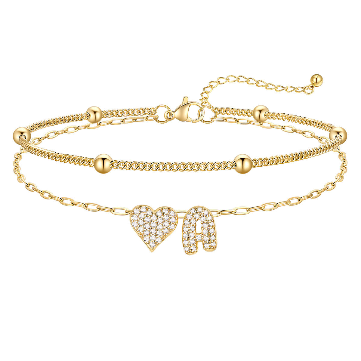 Layered Heart Bubble Initial A Anklet Gold Plated