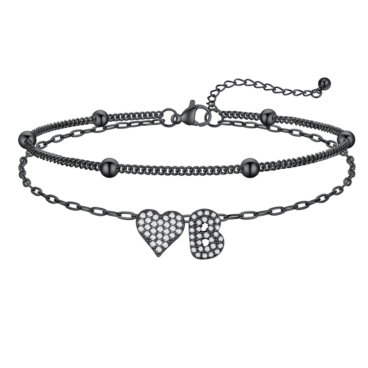 Layered Heart Bubble Initial B Anklet Black Plated