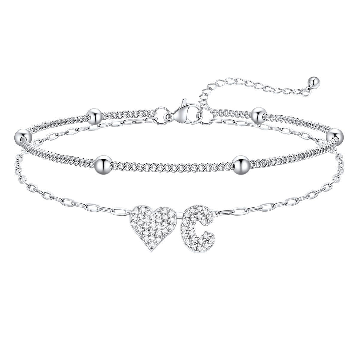 Layered Heart Bubble Initial C Anklet 