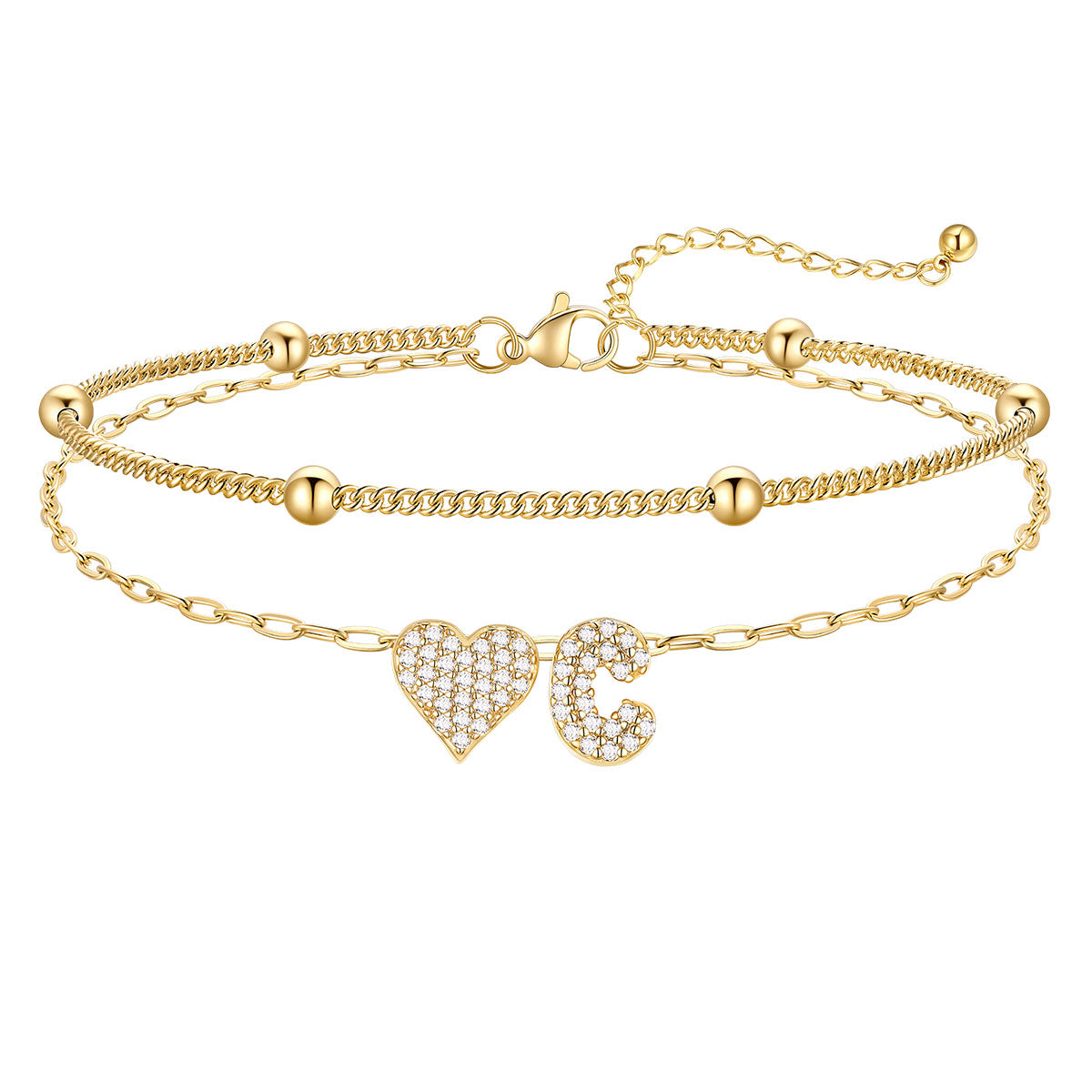 Layered Heart Bubble Initial C Anklet Gold Plated