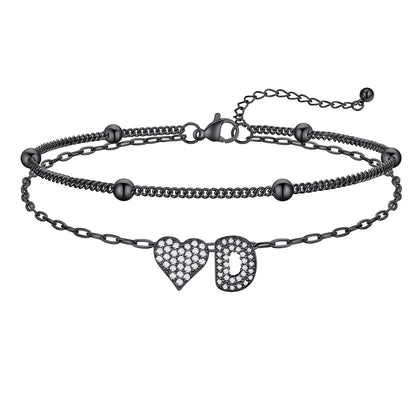 Layered Heart Bubble Initial D Anklet Black Plated