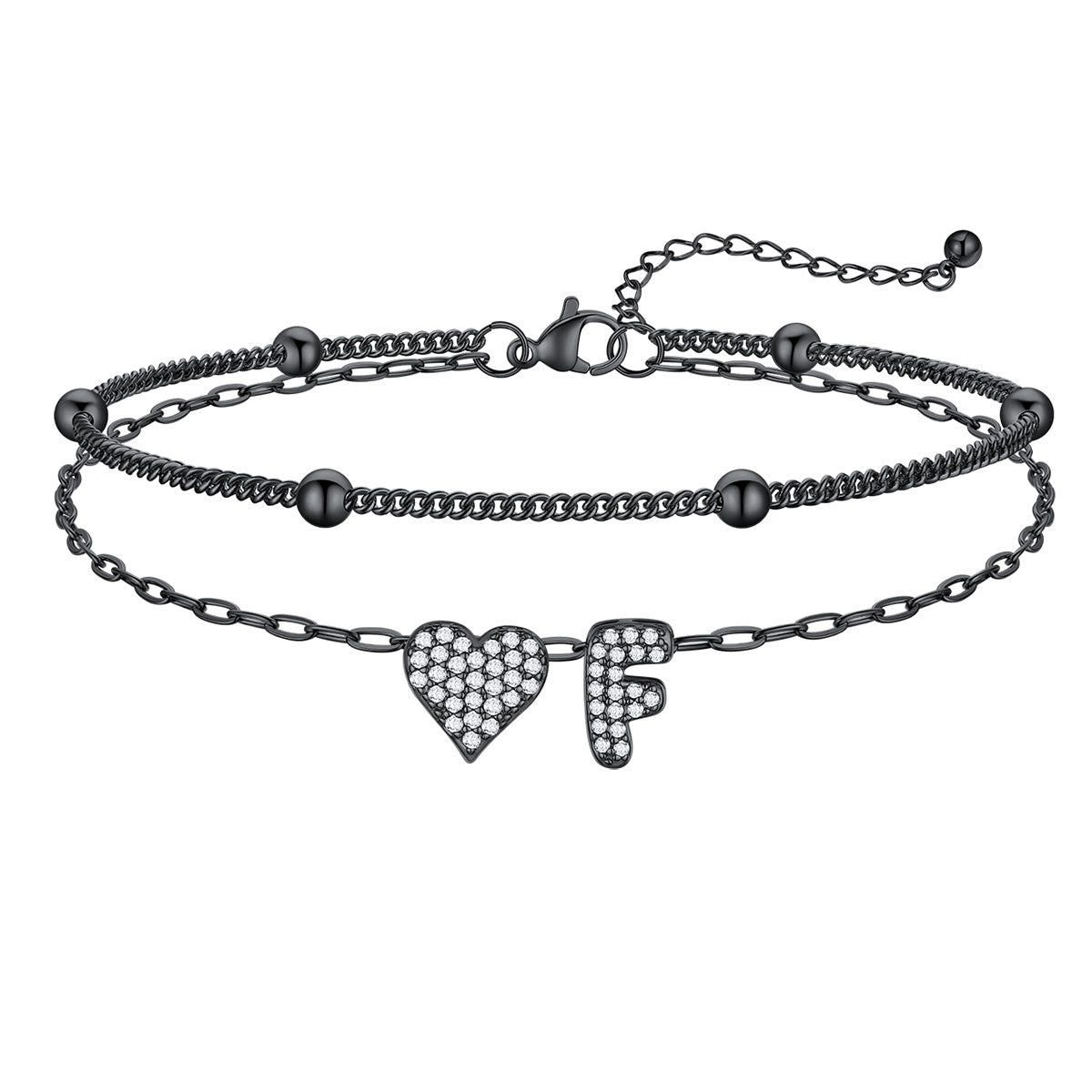 Layered Heart Bubble Initial F Anklet Black Plated