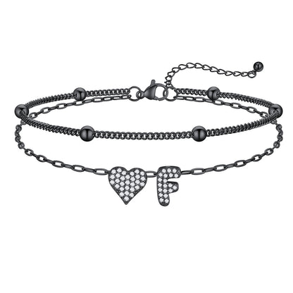 Layered Heart Bubble Initial F Anklet Black Plated
