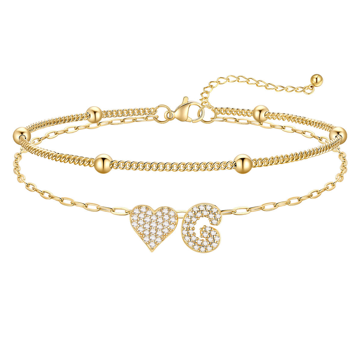 Layered Heart Bubble Initial G Anklet Gold Plated