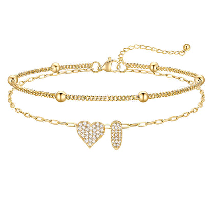Layered Heart Bubble Initial I Anklet Gold Plated