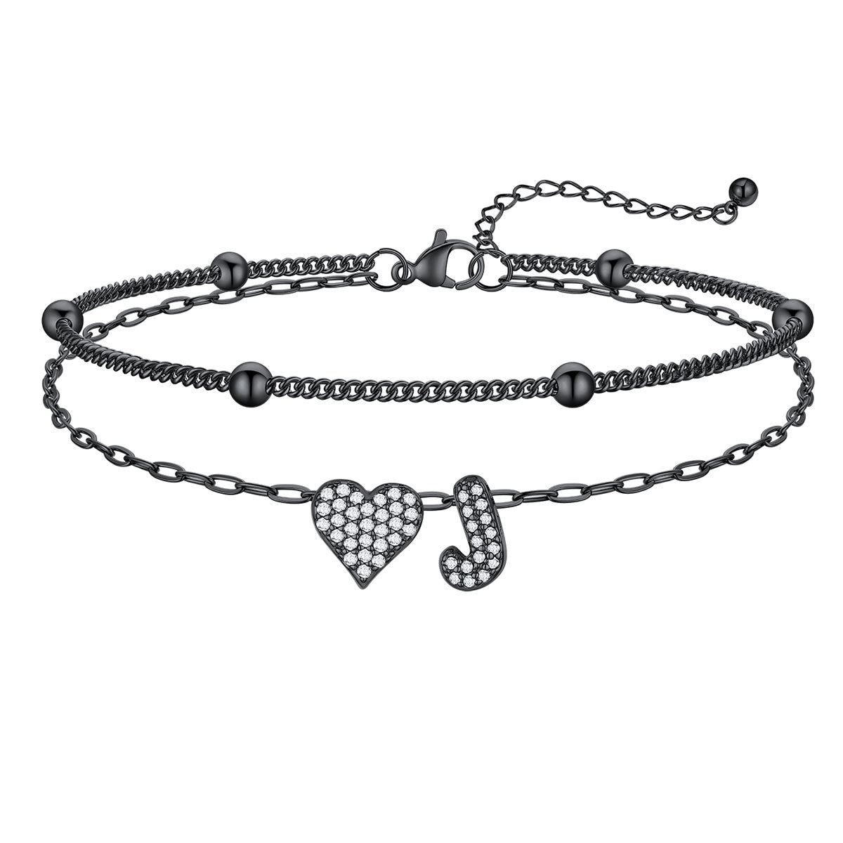 Layered Heart Bubble Initial J Anklet Black Plated