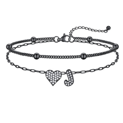 Layered Heart Bubble Initial J Anklet Black Plated