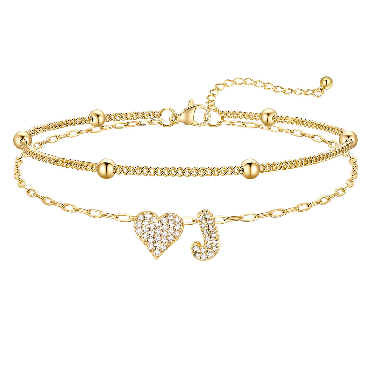Layered Heart Bubble Initial J Anklet Gold Plated