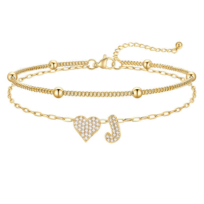 Layered Heart Bubble Initial J Anklet Gold Plated