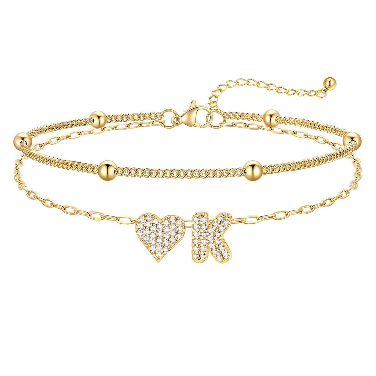 Layered Heart Bubble Initial K Anklet Gold Plated