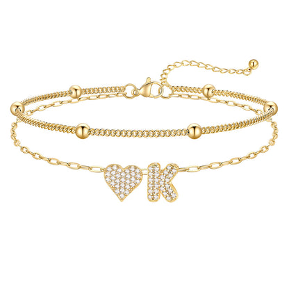 Layered Heart Bubble Initial K Anklet Gold Plated