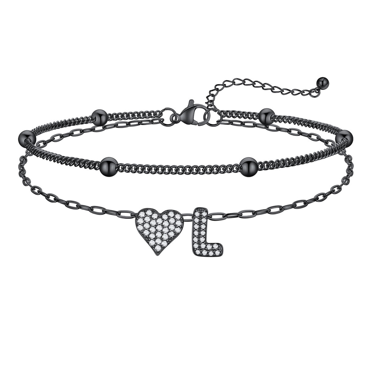 Layered Heart Bubble Initial L Anklet Black Plated
